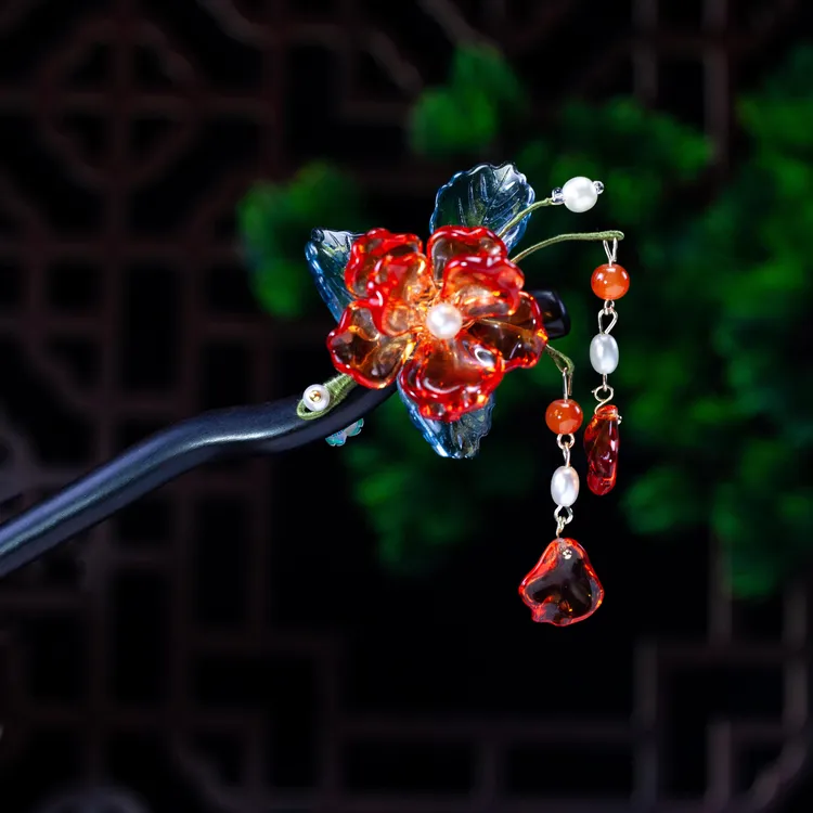 黑檀木手工气质发簪饰品中国风发饰古风日常中式新年红色头饰