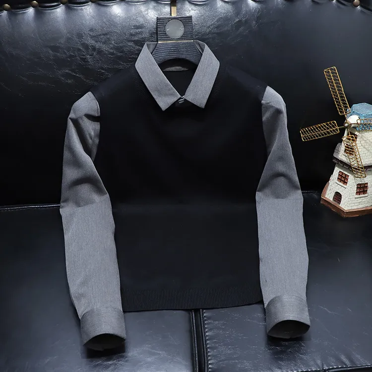 高品质时尚潮流撞色假两件长袖衬衫2025秋冬季新款个性百搭衬衣男