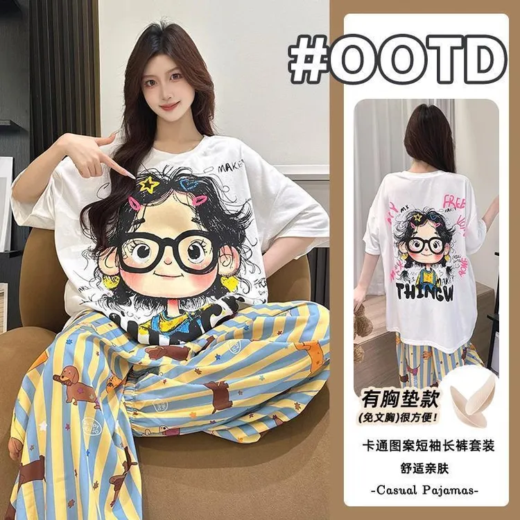 2025新款夏季学生睡衣女士短袖长裤束脚带胸垫家居服套装女可外穿