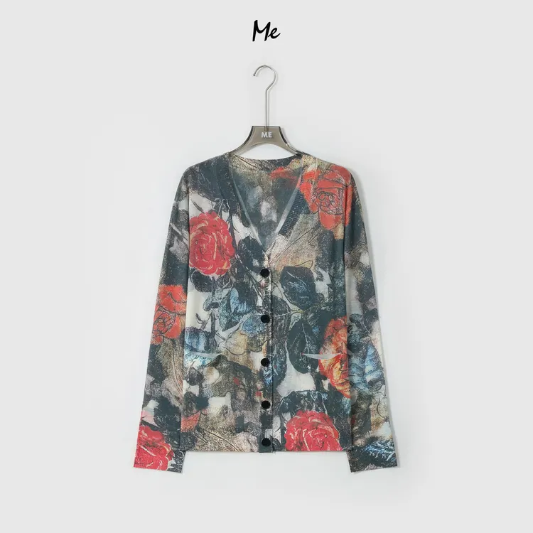 ME【鲜花辣妹开衫】绵羊毛混纺做旧艺术印花时尚毛衣MESA0319