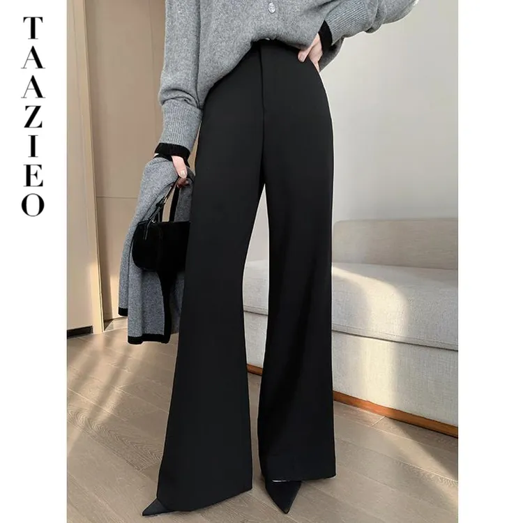 TAAZIEO 黑色高腰微喇叭西装裤女秋季2025新款简约休闲阔腿百搭长