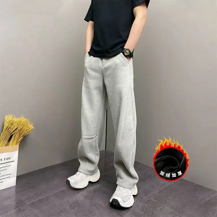新款冬季加绒加厚简约百搭弯刀休闲裤男士2025宽松显瘦直筒运动裤