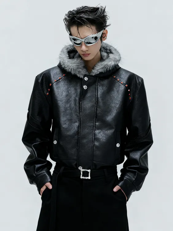 Argue脊煞重磅座山雕加绒加厚皮衣棉服男 短宽大毛领连帽棉衣外套