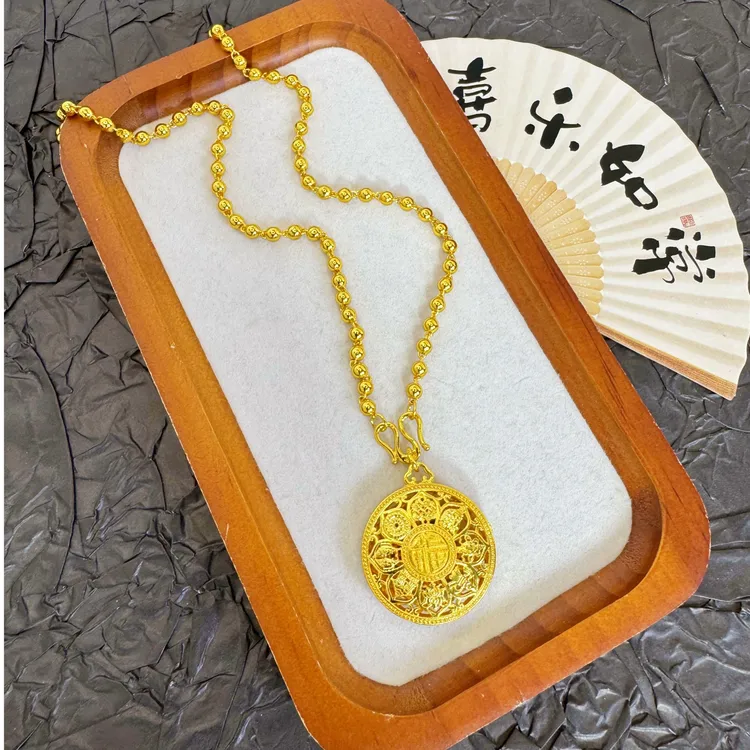 铜合金项链 新中式镂空八宝罗盘珠珠吊坠项链福字圆牌光珠挂坠