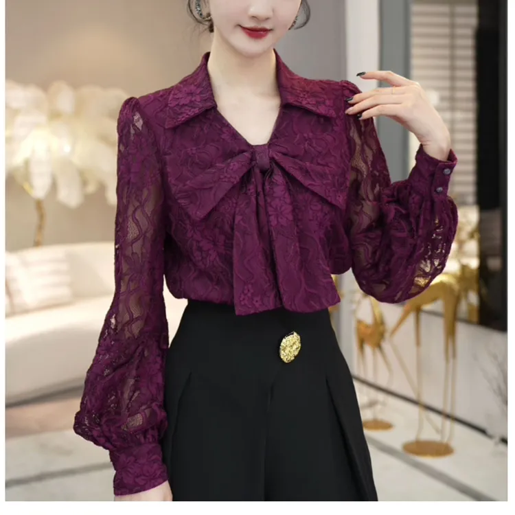 现货2025秋季新款【3107】高级感小众蕾丝蝴蝶结设计气质衬衫上衣女