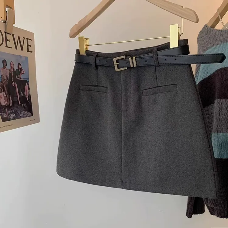 【送皮带】高腰设计感半身裙时尚显瘦网红A字毛呢短裙