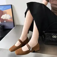 黑色粗跟浅口单鞋女方头磨砂拼接一字带玛丽珍鞋芭蕾舞鞋W9013