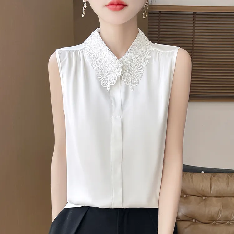 新款时尚蕾丝Polo领无袖背心夏季上衣无袖衬衫女女士高档小衫