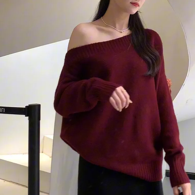 慵懒风复古港风秋冬高级感酒新款上衣红色针织毛衣2024女加厚斜