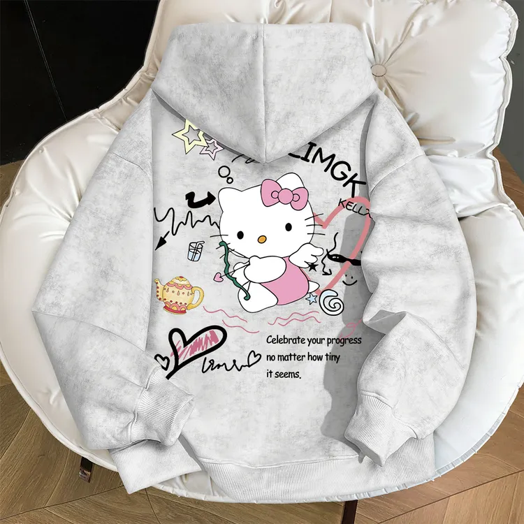 新款扎染连帽卫衣秋冬季男女童可爱凯蒂猫印花中学生宽松百搭上衣