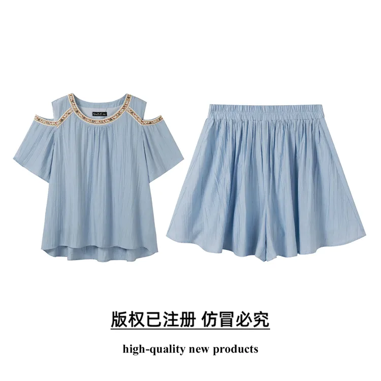 奢姿大码女装2025夏季减龄露肩休闲两件套胖妹妹织带时尚松紧套装
