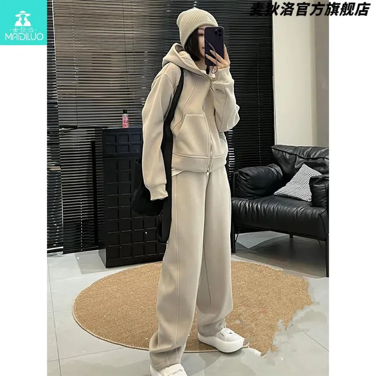 爆款休闲运动套装女秋高级感时尚洋气加绒连帽阔腿裤两件套跑卫衣