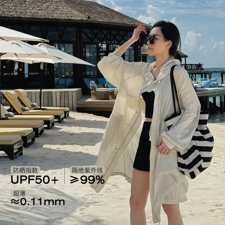 辰辰妈【防晒外挂】连帽风衣轻量机能风衣外套宽松长款空调衫7690DM