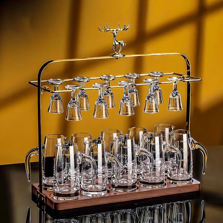 水晶白酒杯分酒器杯架套装高脚烈酒杯酒盅中式轻奢酒具套装收纳