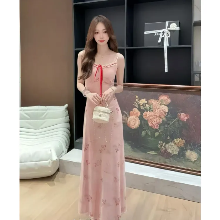 夏季新款法式甜美修身显瘦吊带长款碎花裙子86254