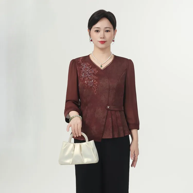 江南妈妈装2025早秋网纱袖刺绣上衣套装中老年女贵气国风气质小衫