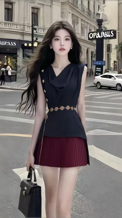 酒红色时尚轻奢风无袖短裙小众设计感短裙高腰连衣裙女装修身显瘦