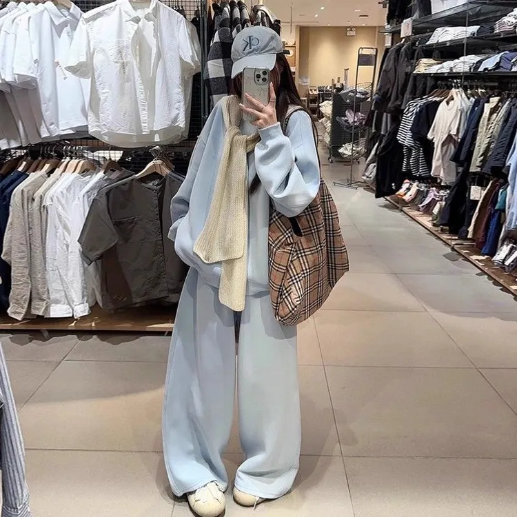 胖mm韩系高级感套装秋季大码300斤时尚小众披肩卫衣阔腿裤两件套