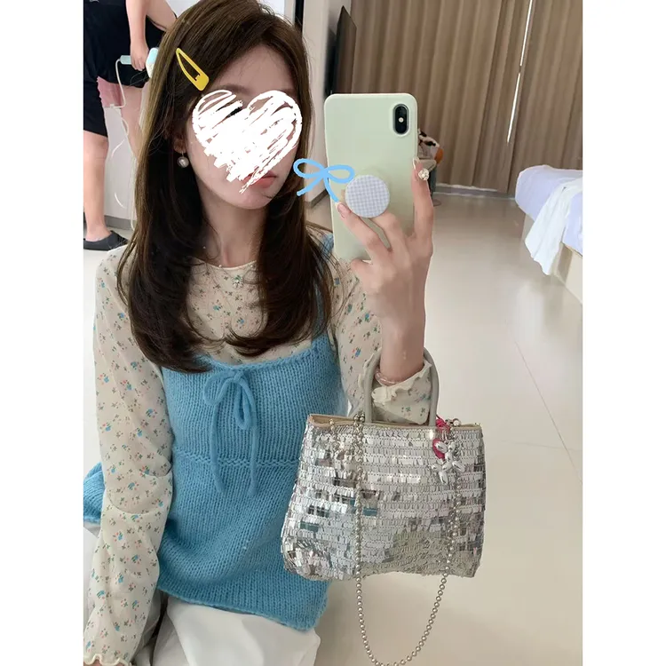 韩系针织吊带背心外搭上衣+碎花长袖上衣打底衫两件套装女 60596