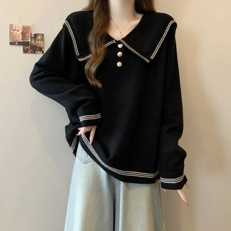 大码女装法式减龄娃娃领长袖针织衫女秋冬胖mm遮肚子洋气时尚上衣