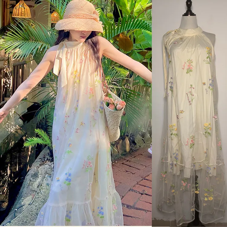 新款夏季刺绣网纱连衣裙挂脖吊带七喜凤聚酯纤维纱裙女性