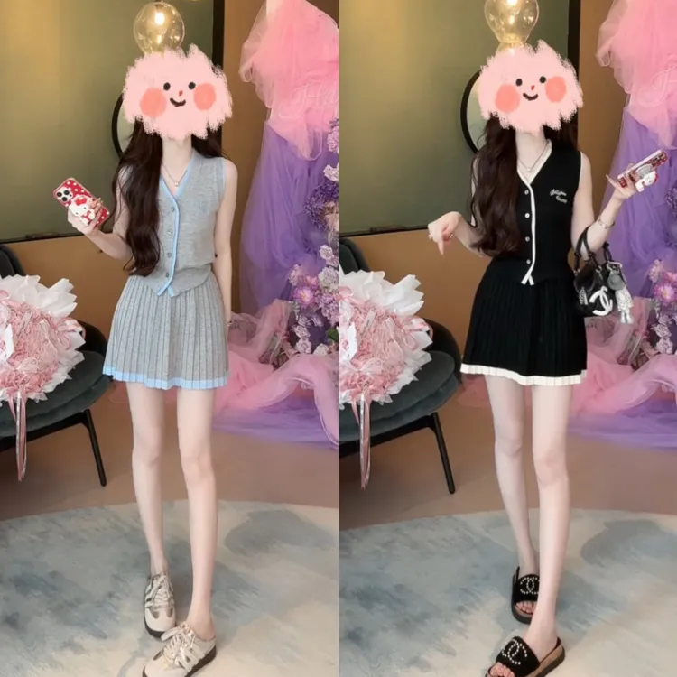 甜美学院风套装2025夏季新款设计感洋气简约针织上衣半身裙两件套