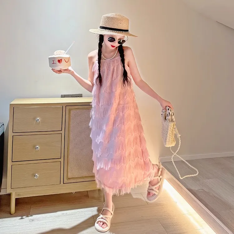 女童夏季新款吊带连衣裙中大童多巴胺粉色波西米亚度假风海边长裙