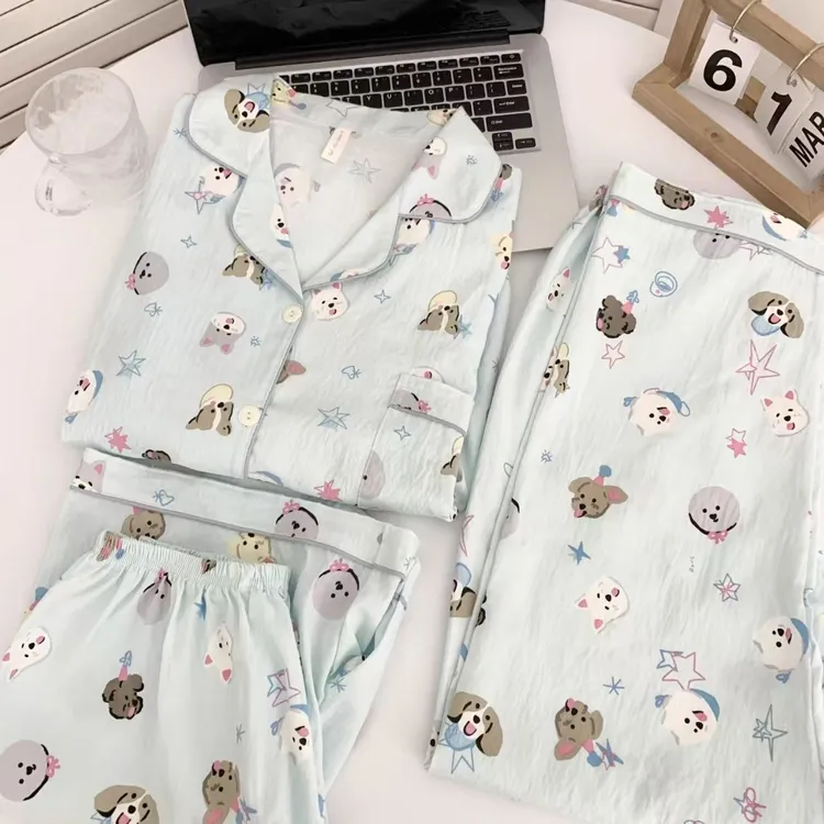「星星狗狗』短袖三件套睡衣女夏季网红少女甜美高级感家居服套装