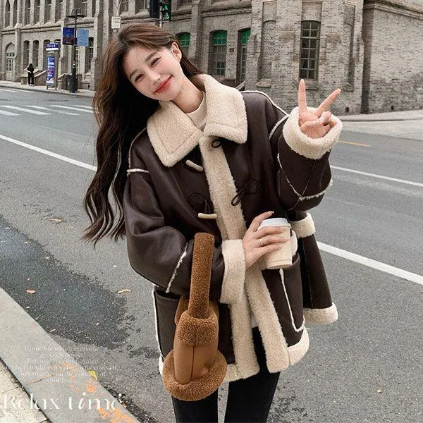 【奥莱清仓】咖色复古羊羔毛外套女2025冬季新款韩版牛角扣皮毛一
