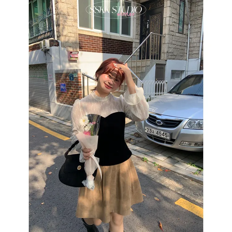 KMZY/KMZY山_山【韩女巧思 】微胖韩版温柔蕾丝拼接丝绒假两件上衣