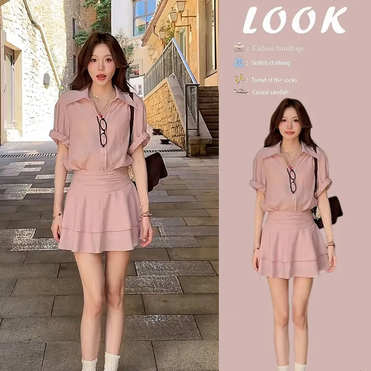 2025新款今年流行爆款夏季时尚高级感衬衫收腰显瘦气质短裙两件套
