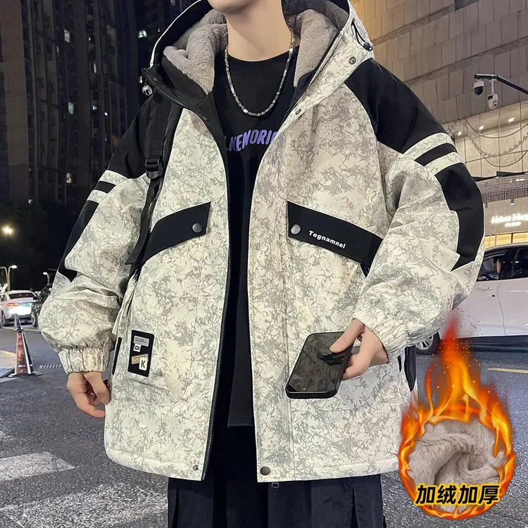 秋冬季青少年宽松连帽加绒加厚夹克学生印花连帽韩版潮流冬季外套