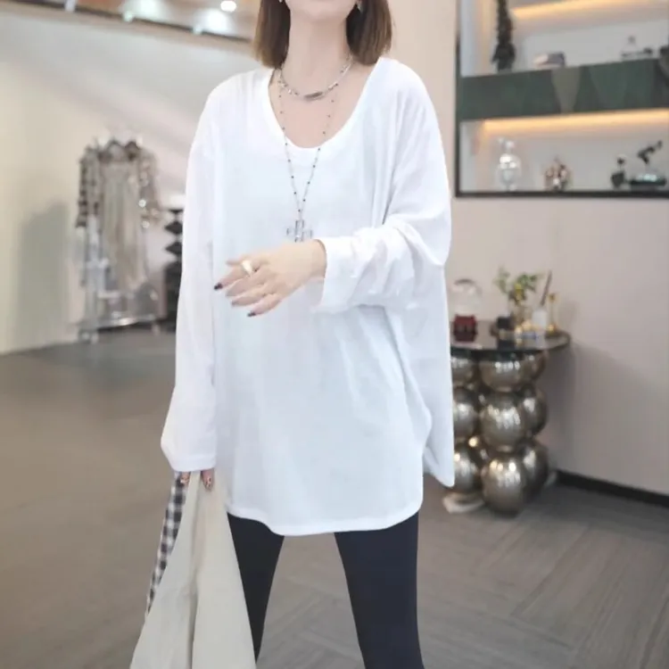 简约纯色V领长袖T恤女秋季新款胖MM大码女装显瘦洋气休闲中长上衣