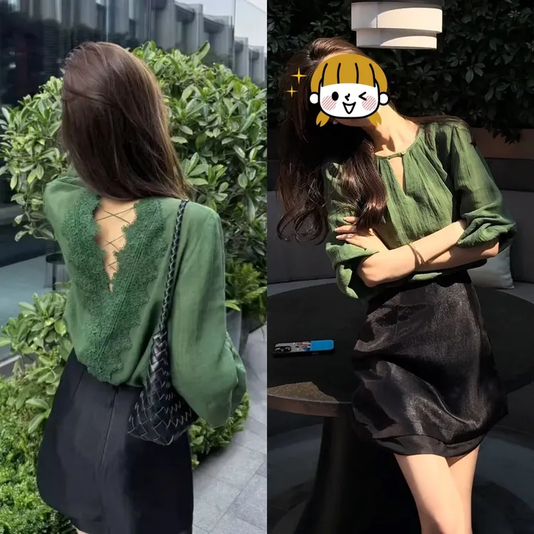 时尚法式长袖衬衫女春季新款气质显瘦设计感蕾丝拼接百搭露背衬衣