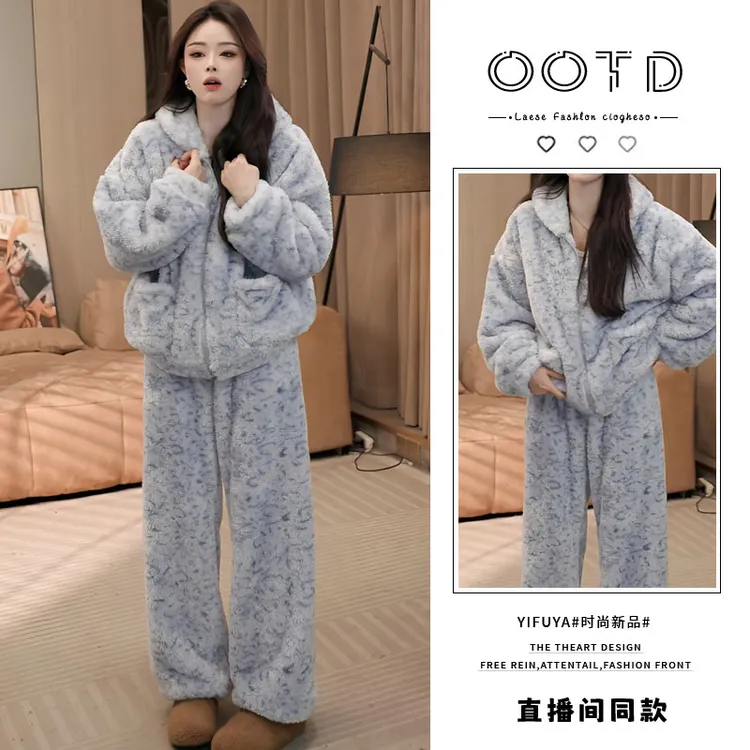 豹纹设计感休闲套装女2025年冬新款加厚保暖开衫外套阔腿裤两件套