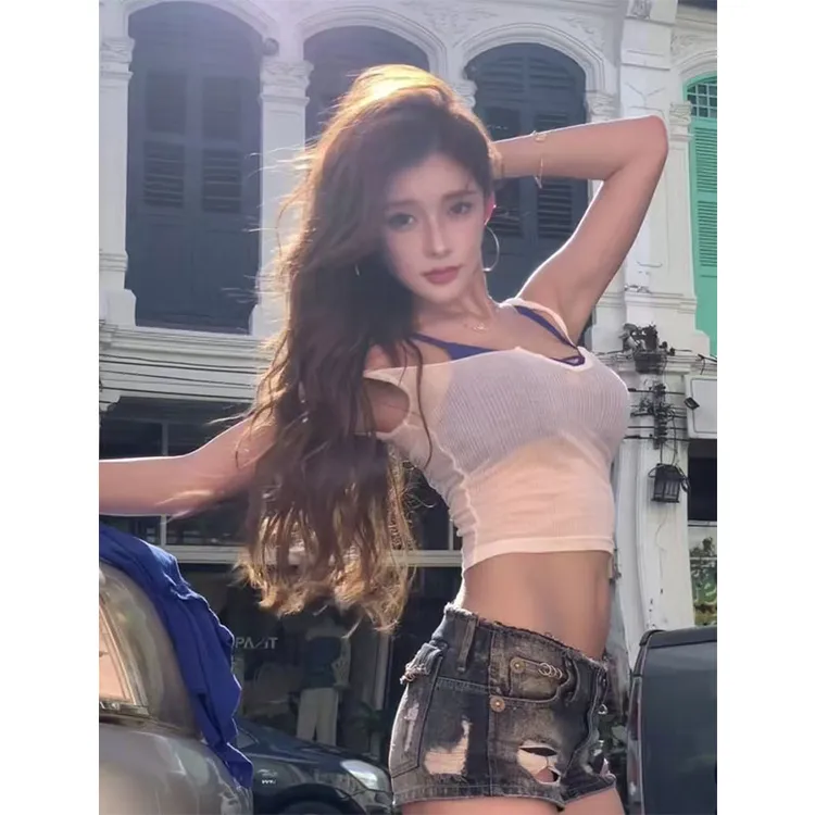 2025夏季新款纯欲辣妹短款假两件吊带背心女高腰破洞牛仔短裤套装