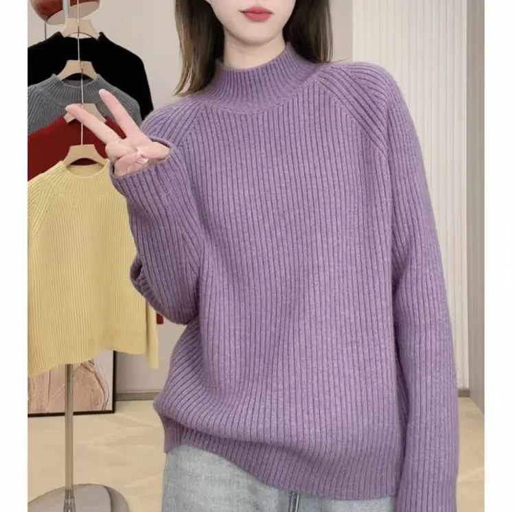 秋冬韩版套头亮丝半高领坑条弹力毛衣显瘦加厚百搭款