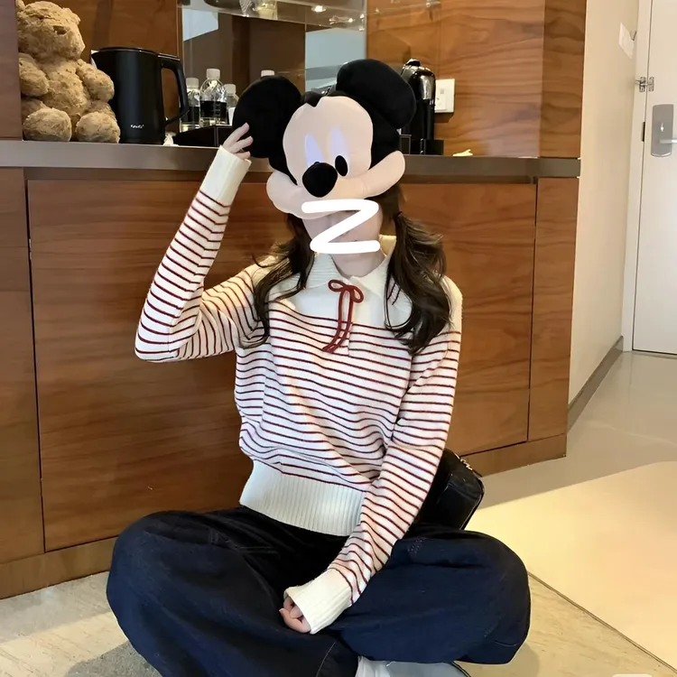 韩系翻领条纹针织绑带毛衣女2025秋冬新款减龄甜美百搭短款针织衫