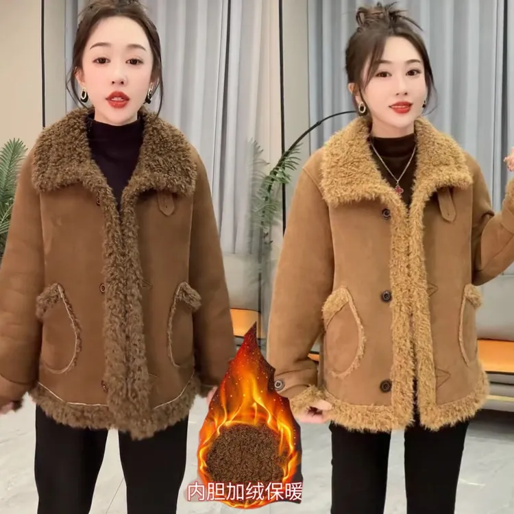 2025冬季新款韩版时尚百搭宽松显瘦翻领长袖休闲皮毛一体短外套女