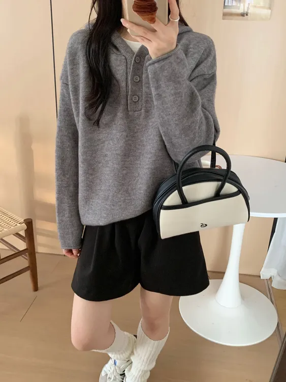 慵懒风宽松连帽毛衣外穿纯色百搭2025秋冬加厚叠穿简约针织衫上衣