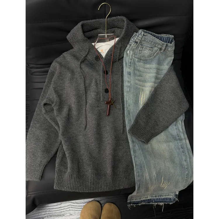 浅灰色美式复古连帽针织亨利领毛衣男秋冬慵懒风重磅内搭上衣外套