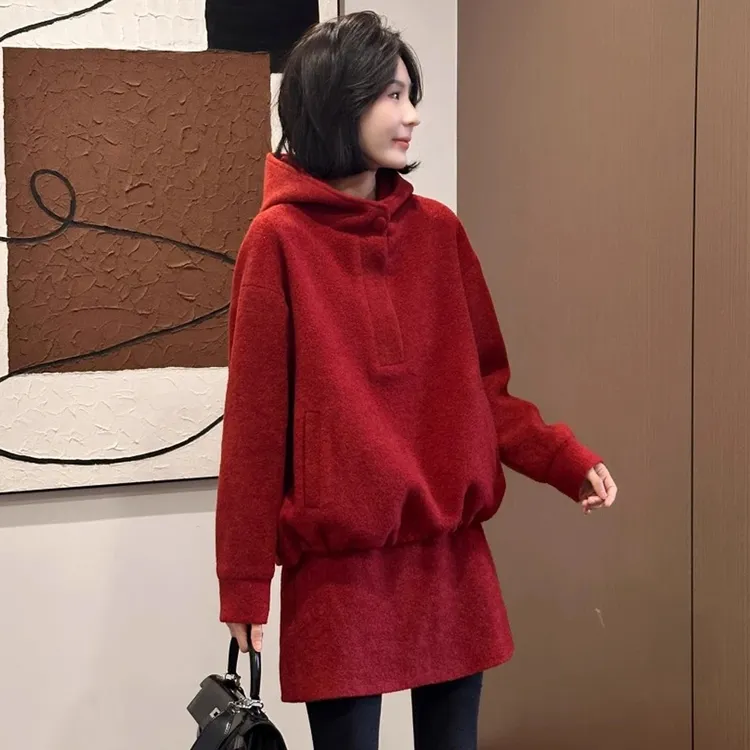 时尚毛呢套装女2025冬季新款韩版洋气宽松连帽卫衣半身裙两件套潮