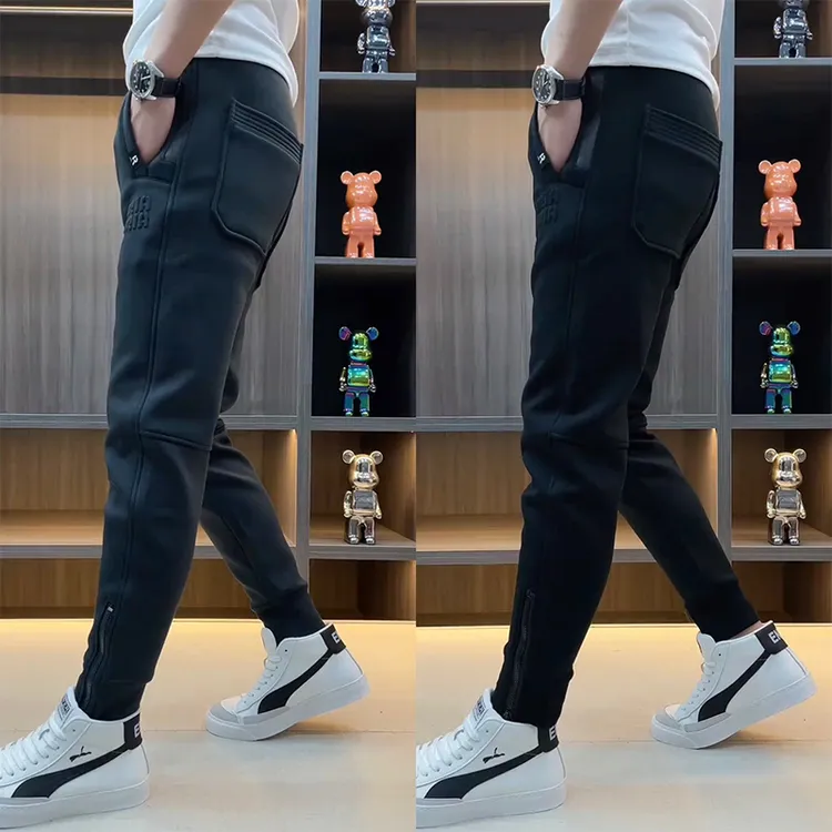 潮牌纯色男士休闲卫裤秋冬新款欧货高端针织运动裤时尚拉链哈伦裤