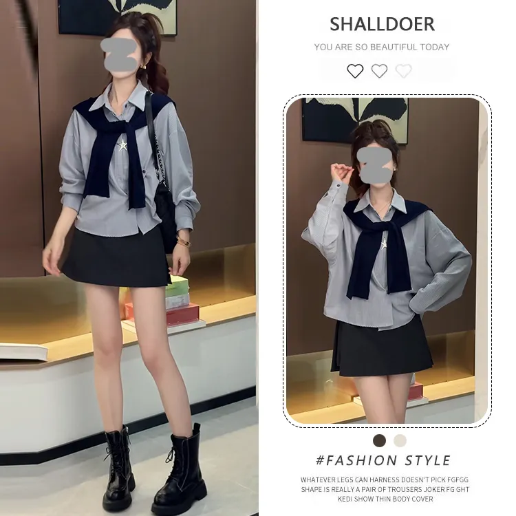 小众炸街高级感套装女2025春秋季假两件披肩长袖衬衫半身裙两件套