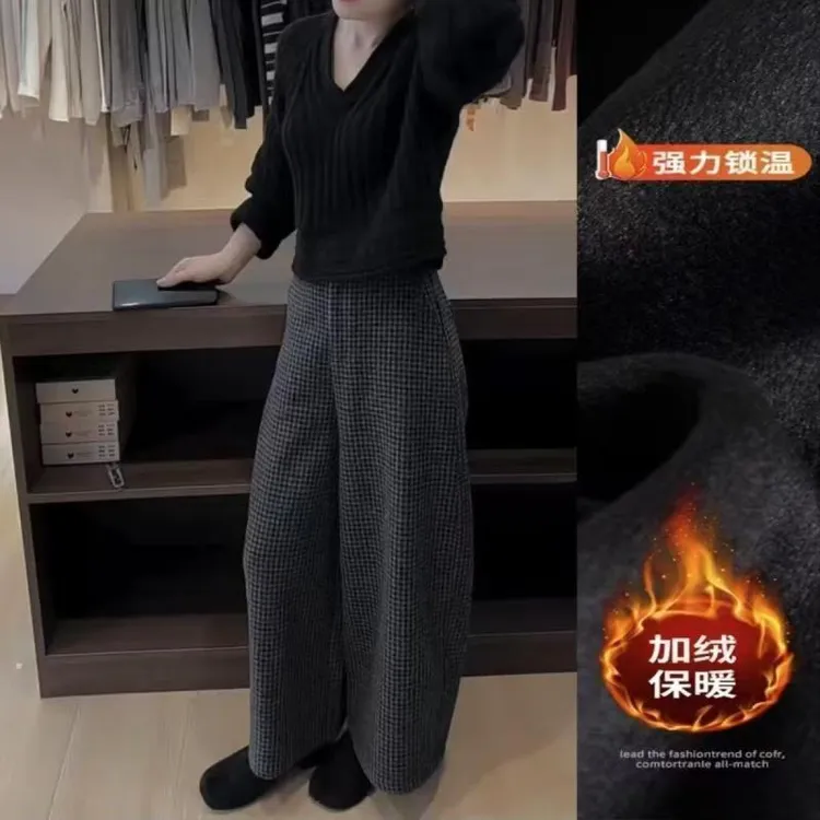 韩系百搭毛呢格子裤秋冬新款加绒高腰显瘦小个子阔腿裤九分奶奶裤