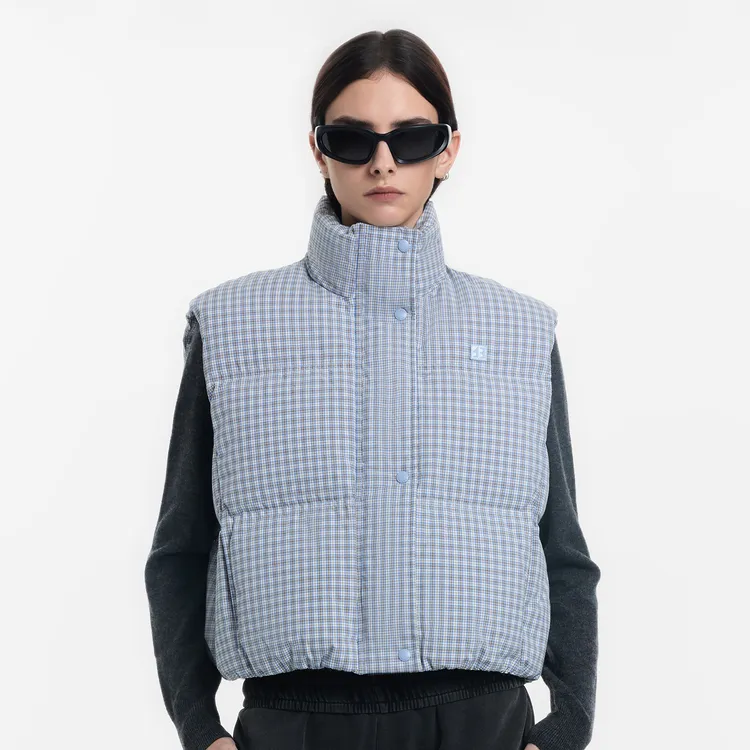 CALLED BACK秋冬新款时尚休闲蓝色格子羽绒服外套羽绒马甲女