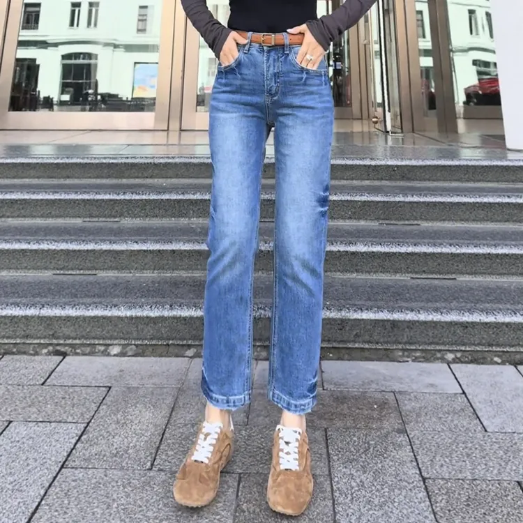 极简风蓝色复古百搭直筒牛仔裤女2025秋季新款高腰显瘦九分烟管裤