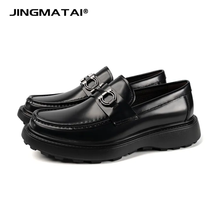 JINGMATAI男士潮流舒适四季百搭真皮厚底增高乐福鞋商务皮鞋黑色