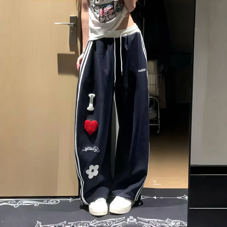 【RJ】美式复古字母爱心运动卫裤女宽松百搭街舞阔腿休闲长裤高街头