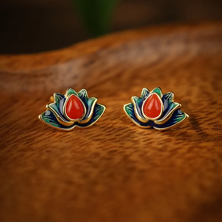 925银玻璃耳饰 民族风耳钉女耳饰耳环烧蓝复古古风古风耳钩国风